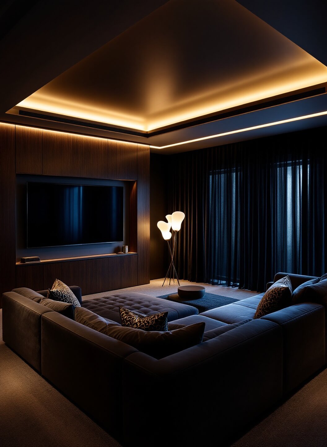 Luxe media room at twilight featuring built-in walnut shelving with LED backlighting, black-out curtains, metallic-accented velvet sectional, and dramatic shadows from a sculptural floor lamp, creating a moody and sophisticated atmosphere.