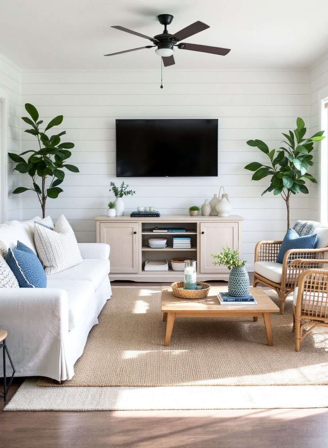 Bright and airy coastal TV room with white shiplap walls, slipcovered linen sectional, rustic rattan accent chairs, and a wall-mounted TV above a pale oak console, beautifully lit with natural light.