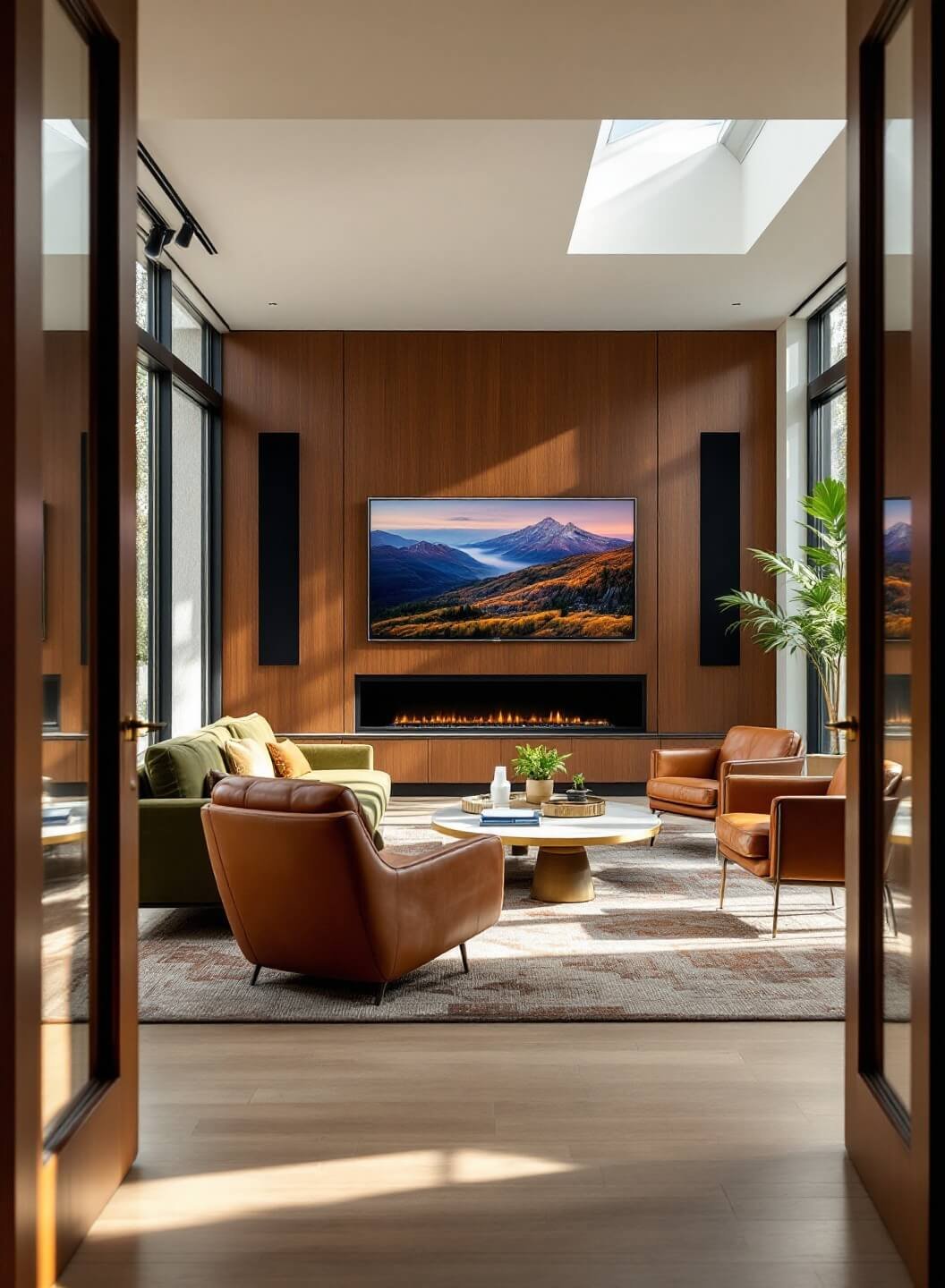 Mid-century modern entertainment room with floor-to-ceiling windows, walnut-framed TV wall, olive green velvet sofa, leather lounge chairs, brass details, and earth-toned geometric area rug in afternoon light.