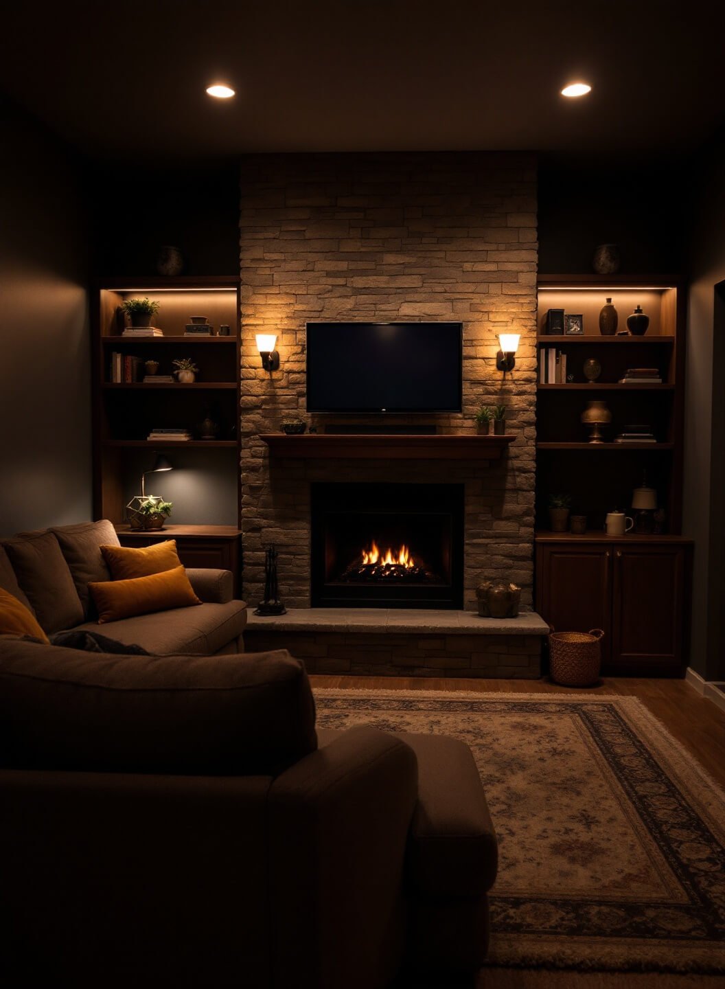 Cozy media den at night showcasing a mounted TV above a stone fireplace, with built-in shelving on the sides, and a deep boucle fabric sectional. Room illuminated by dimmable sconces and table lamps for the perfect intimate ambiance.