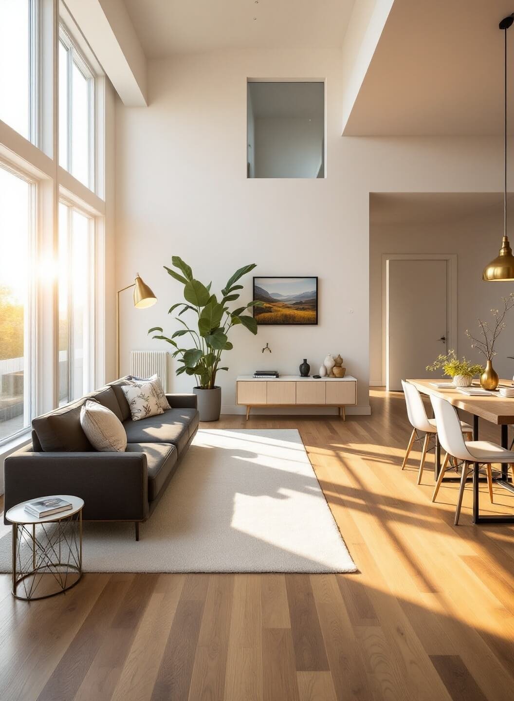 Sunlit open-plan living space with floor-to-ceiling windows, white oak flooring, ivory wool rug, and charcoal linen sectional, viewed from the dining area during golden hour.