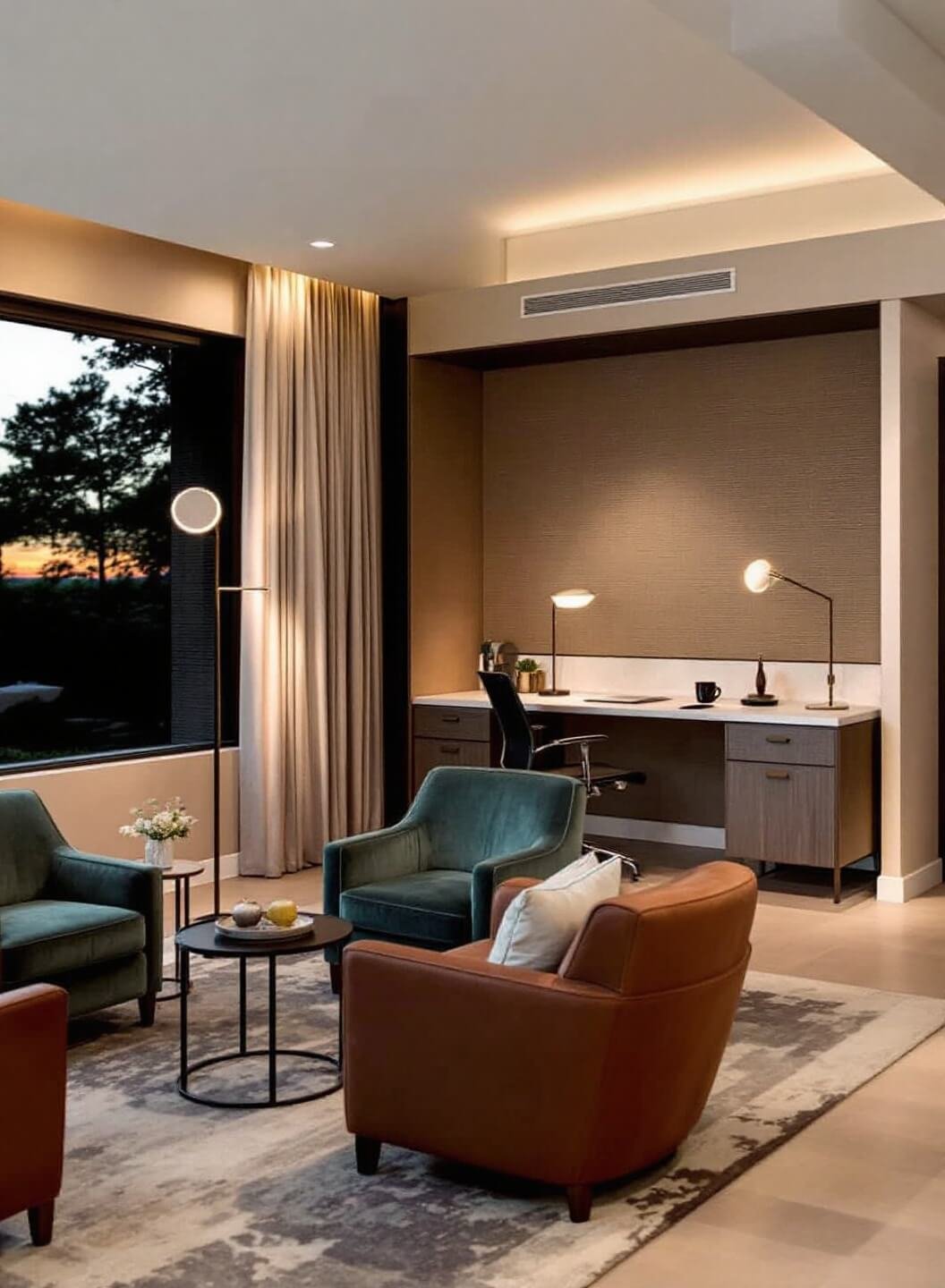 Elevated view of a contemporary open concept room with ambient lighting, cognac leather sofa, sage velvet accent chairs, and a workstation against a grasscloth accent wall at dusk.