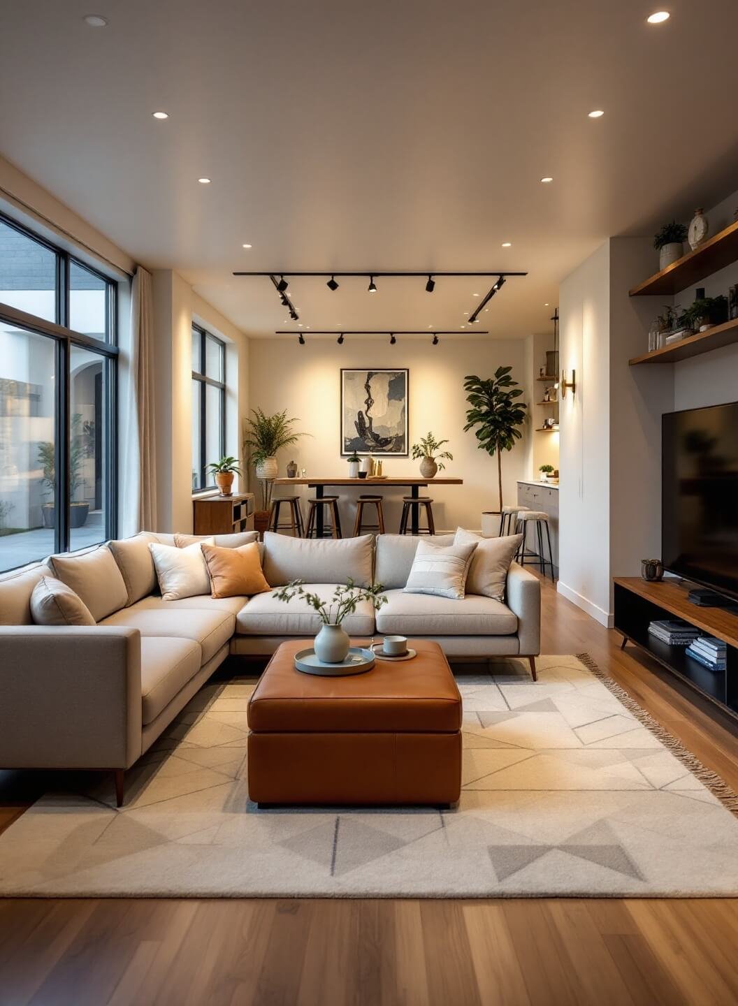 Minimalist interior during blue hour with LED lighting, wool rug, and leather storage ottoman