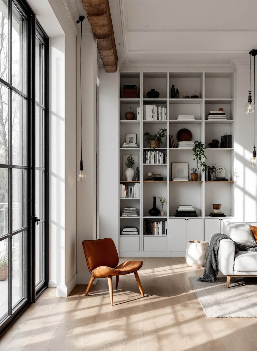 Scandinavian-style open concept space with white walls, black-framed windows, and natural wood elements, illuminated by morning light