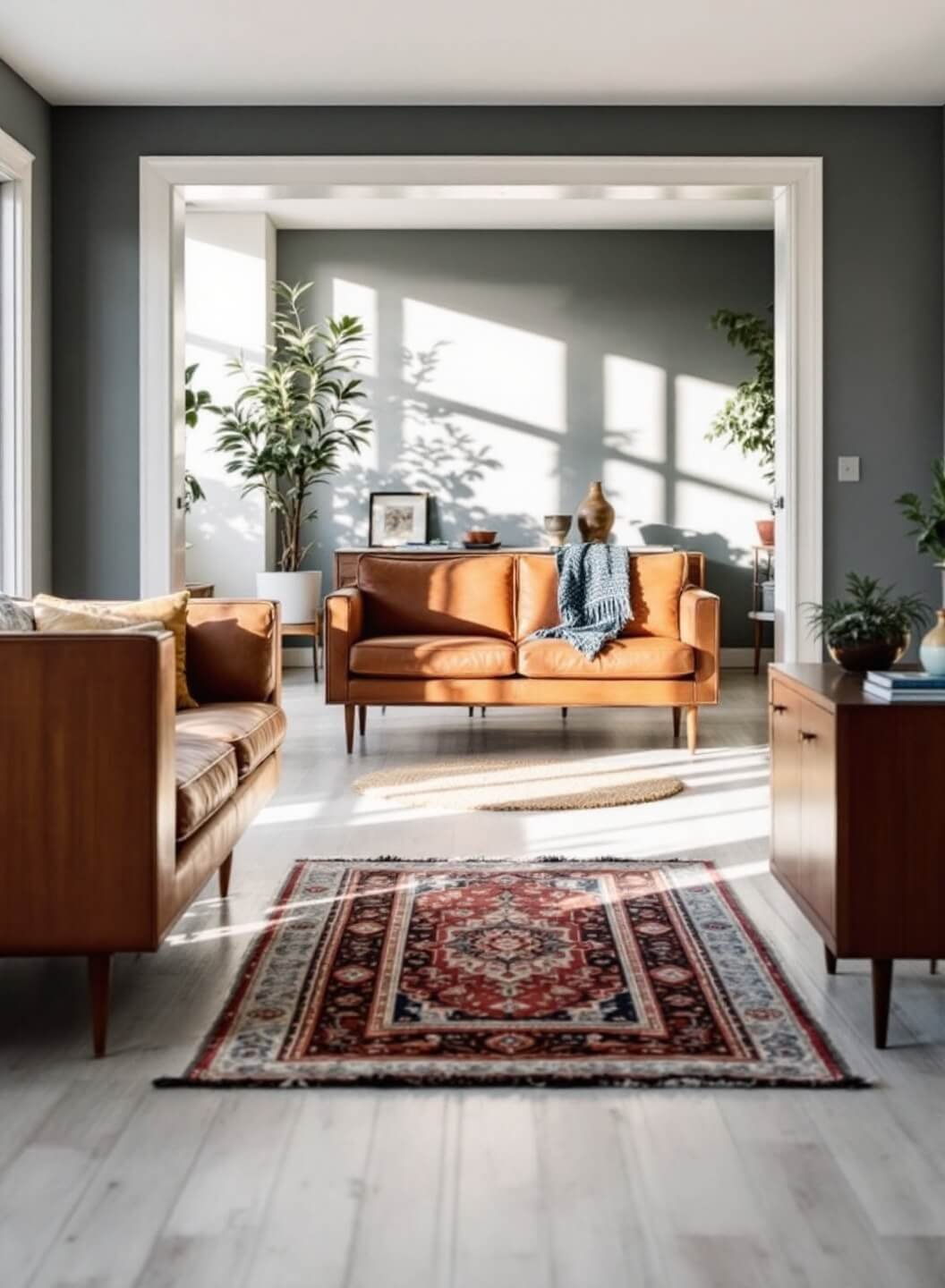 Mid-century modern open plan interior with walnut and brass furniture, gray walls and vintage Persian runners during late afternoon