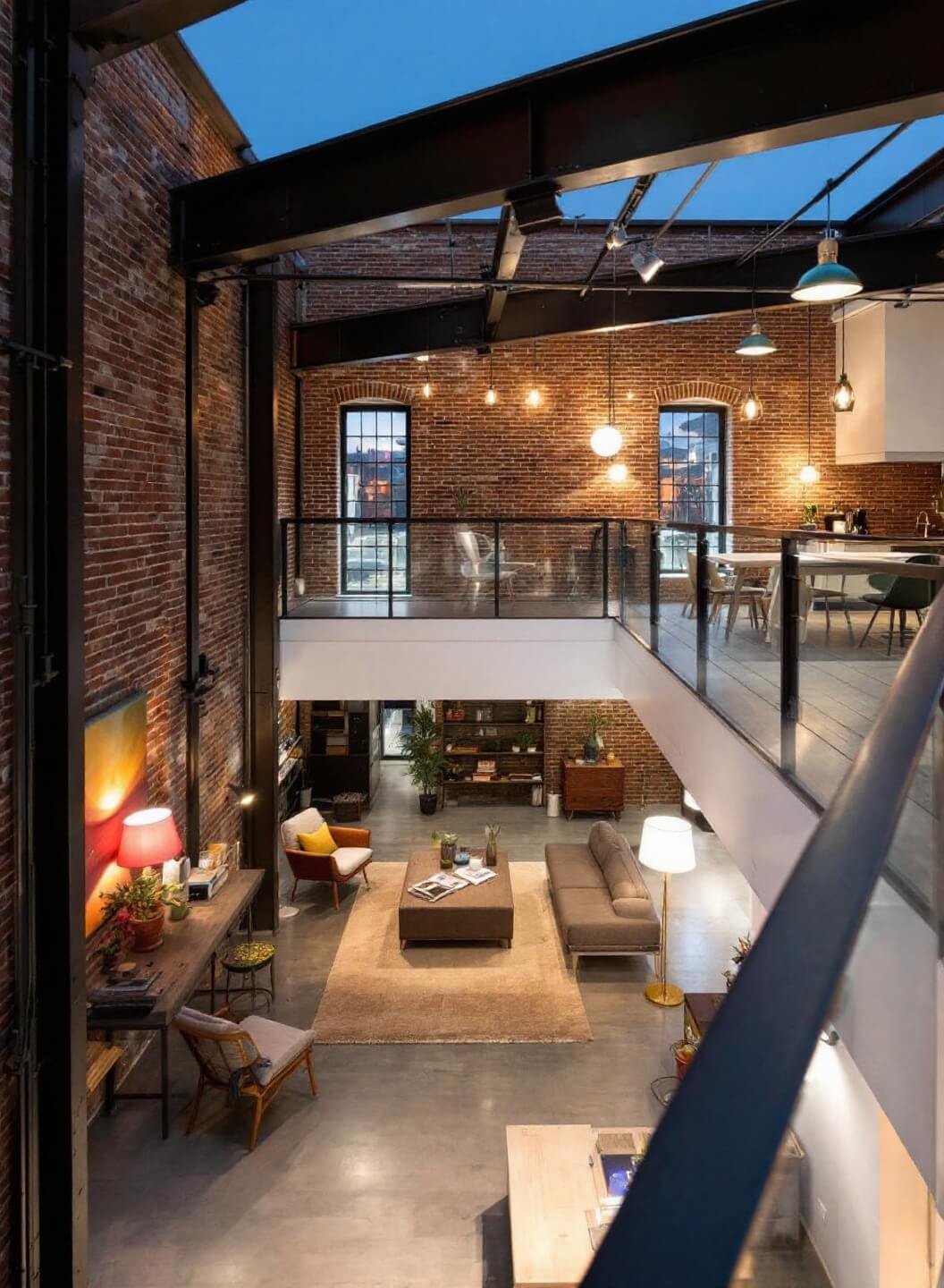 Twilight view of an industrial-style loft with exposed brick walls and steel beams, illuminated by different lighting zones, shot from mezzanine level.