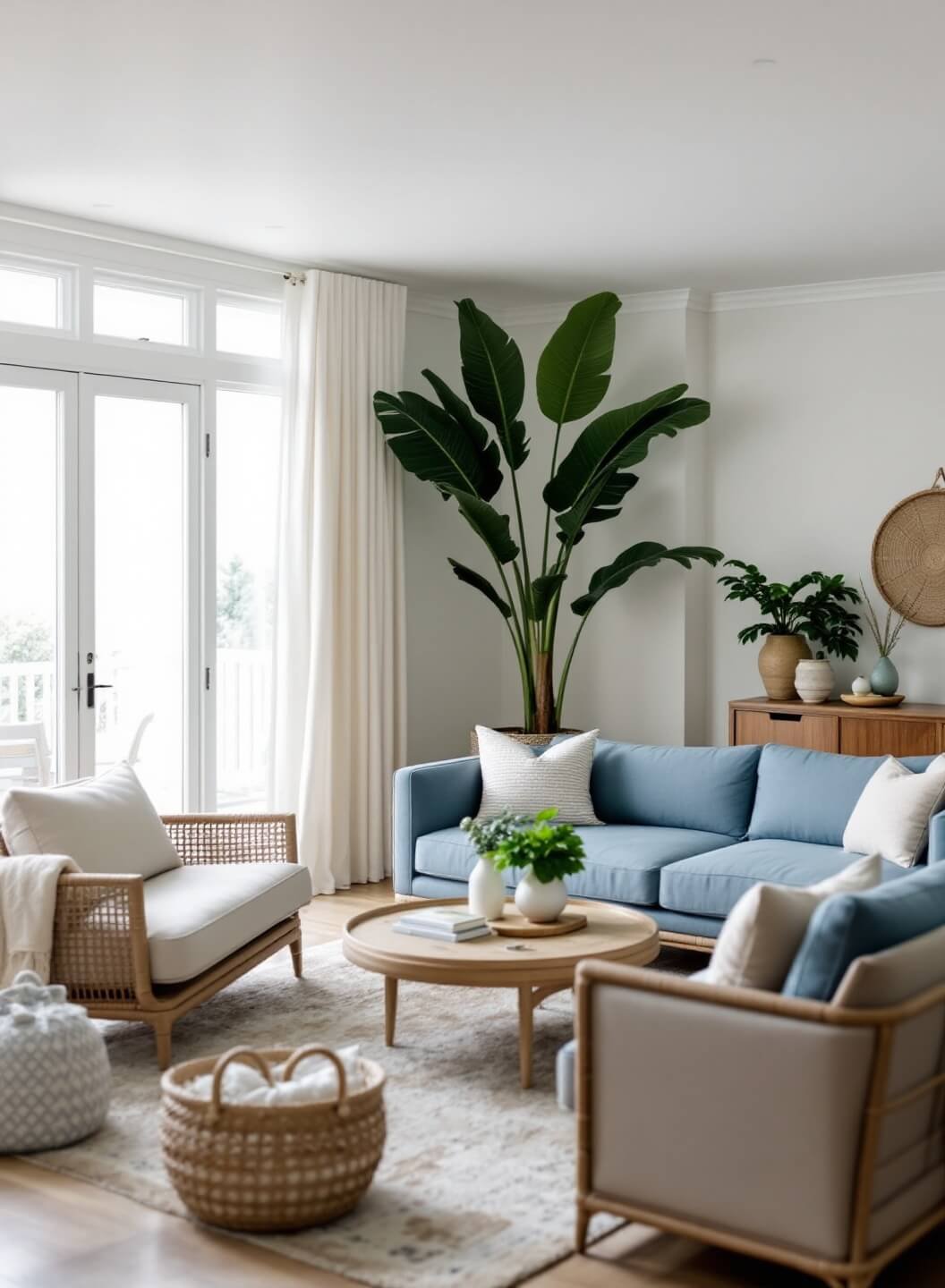 Open concept modern coastal living room with sea glass blue and sandy beige furniture, rattan accents, and natural light diffused by sheer linen drapes