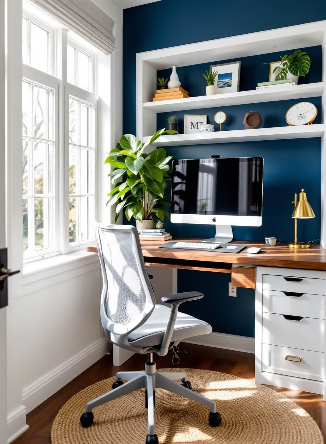 Sunlit home office with large bay windows, walnut standing desk, navy blue accent wall, and white built-in shelving, featuring a MacBook Pro setup and a modern brass lamp.