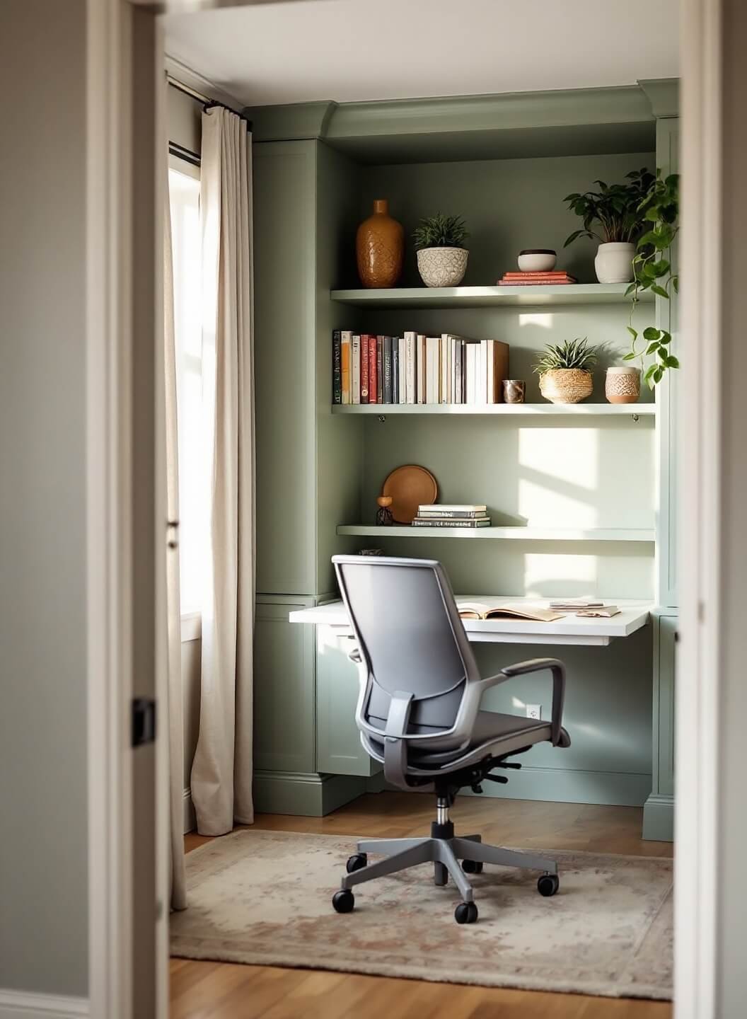 Compact home office nook with floor-to-ceiling sage green bookshelves, white desk, floating shelves with ceramics and air plants, vintage Persian rug, and Herman Miller chair in afternoon light