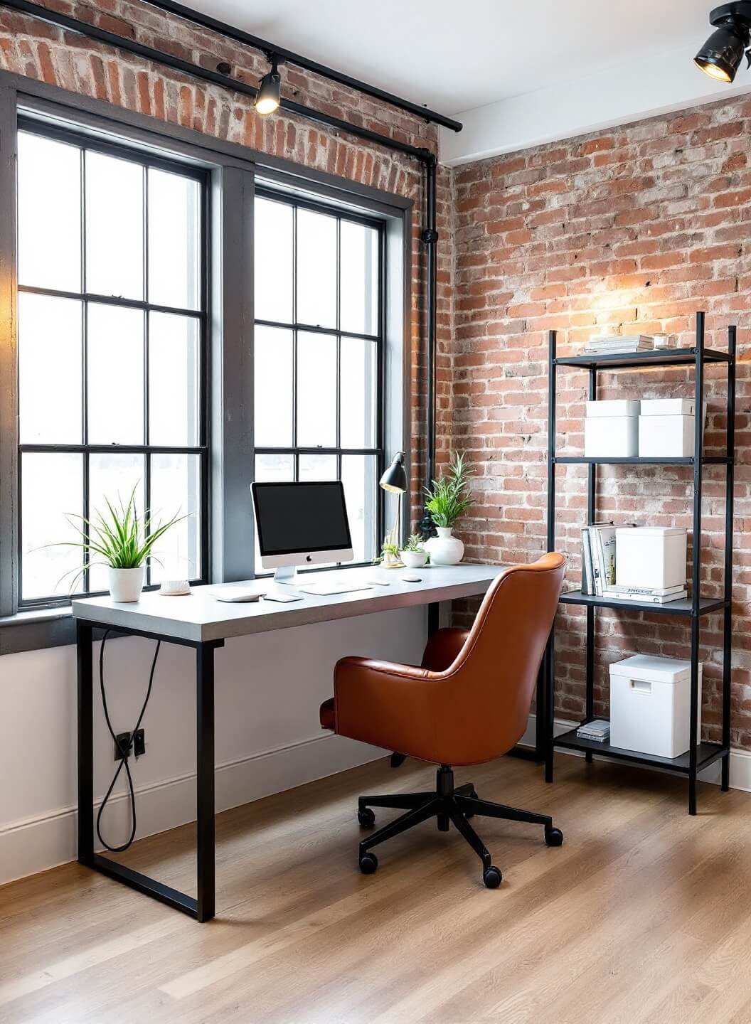 Modern industrial home office featuring an exposed brick wall, steel-framed windows, L-shaped concrete desk, brown leather executive chair, black metal shelving with white storage boxes, illuminated by overcast daylight and warm LED track lights.