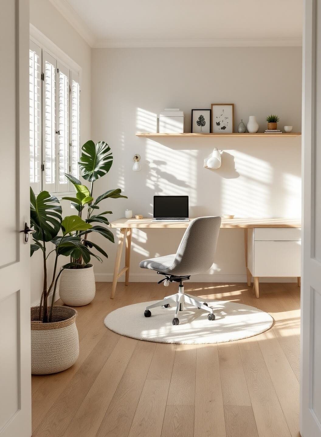 Scandinavian inspired office with white-washed wooden floors, cream walls, blonde wood desk, light grey wool chair, floating shelves, and monstera plant, illuminated by morning light through plantation shutters.