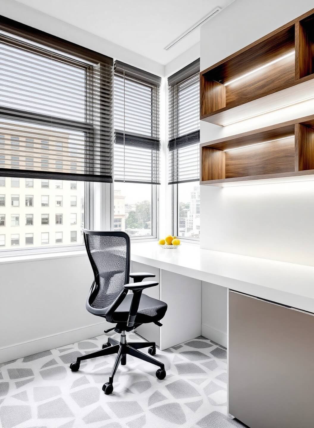 Low angle view of a contemporary 15x15ft corner office showcasing city views through floor-to-ceiling windows with modern blinds, a white lacquer desk, black ergonomic mesh chair, floating walnut shelves with LED lighting, and a grey and white geometric carpet.