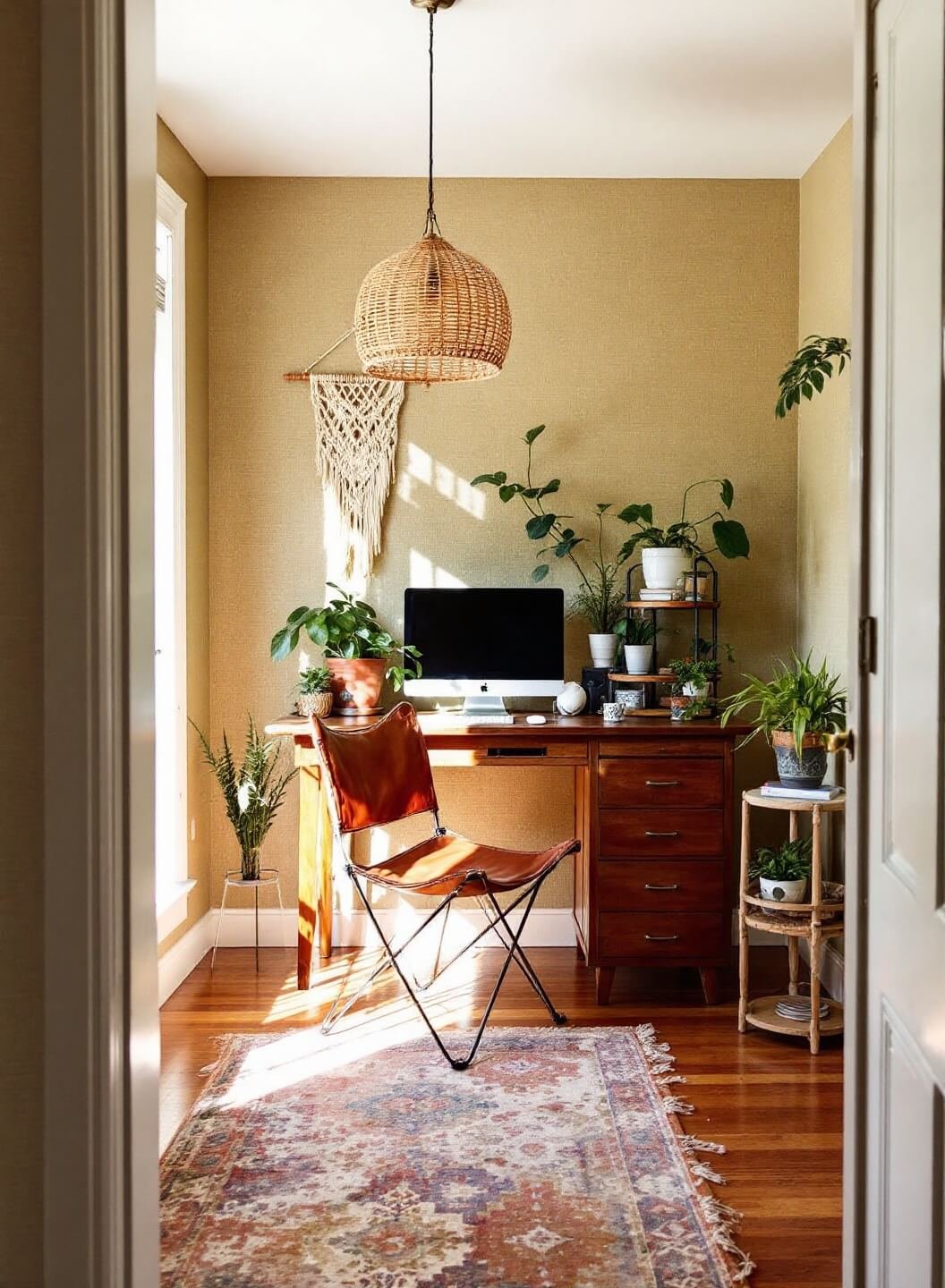 Bohemian-professional office space with grasscloth wallpaper, rattan pendant light, reclaimed wood desk, butterfly leather chair, macramé wall hanging, houseplants on tiered stand, and vintage overdyed rug shot from the doorway.