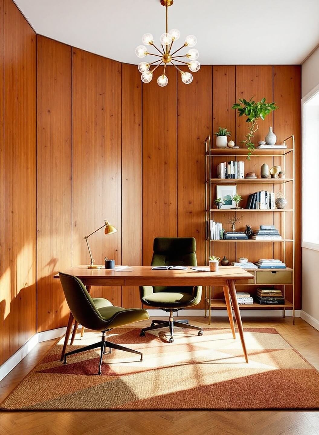 Mid-century modern office featuring wood-panelled accent wall, sputnik chandelier, teak desk with olive green velvet chair, brass étagère filled with vintage items and books, on a geometric wool rug in earth tones, showcasing architectural details.