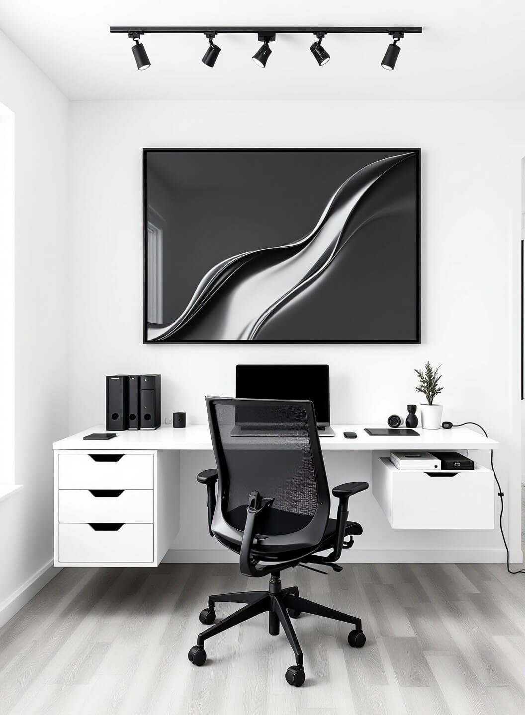 Minimalist 14x14ft all-white home office with black accents, track lighting on dimmer, float-mounted desk with wireless charging, black mesh chair, hidden storage solutions, and a large-scale black and white photograph, viewed from a symmetrical straight-on angle.