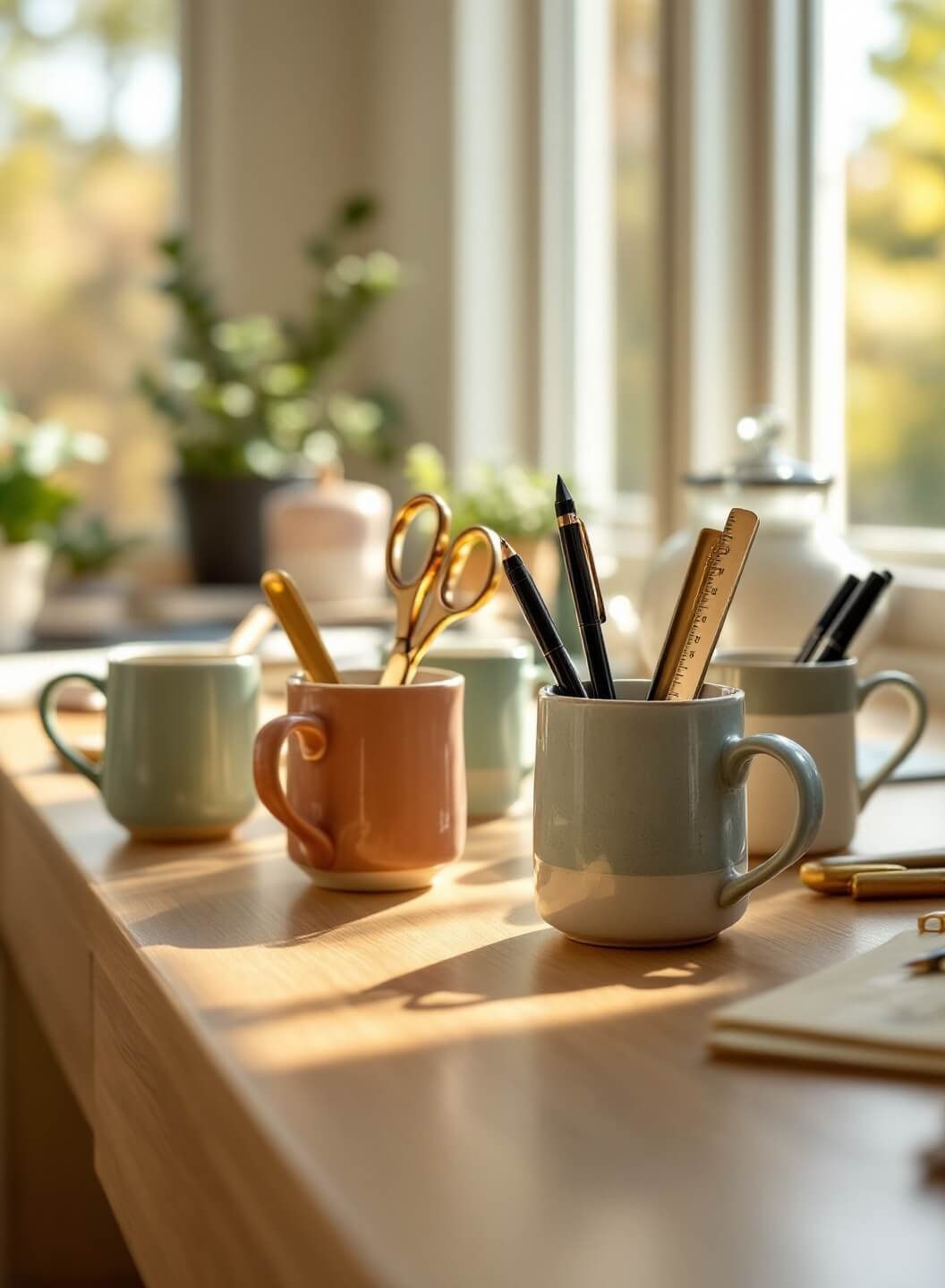 Sun-lit home office with large windows, a white oak desk adorned with handmade ceramic mugs in sage, terracotta and cream tones filled with office supplies, captured at an angle, featuring soft shadows and focused on mug details.