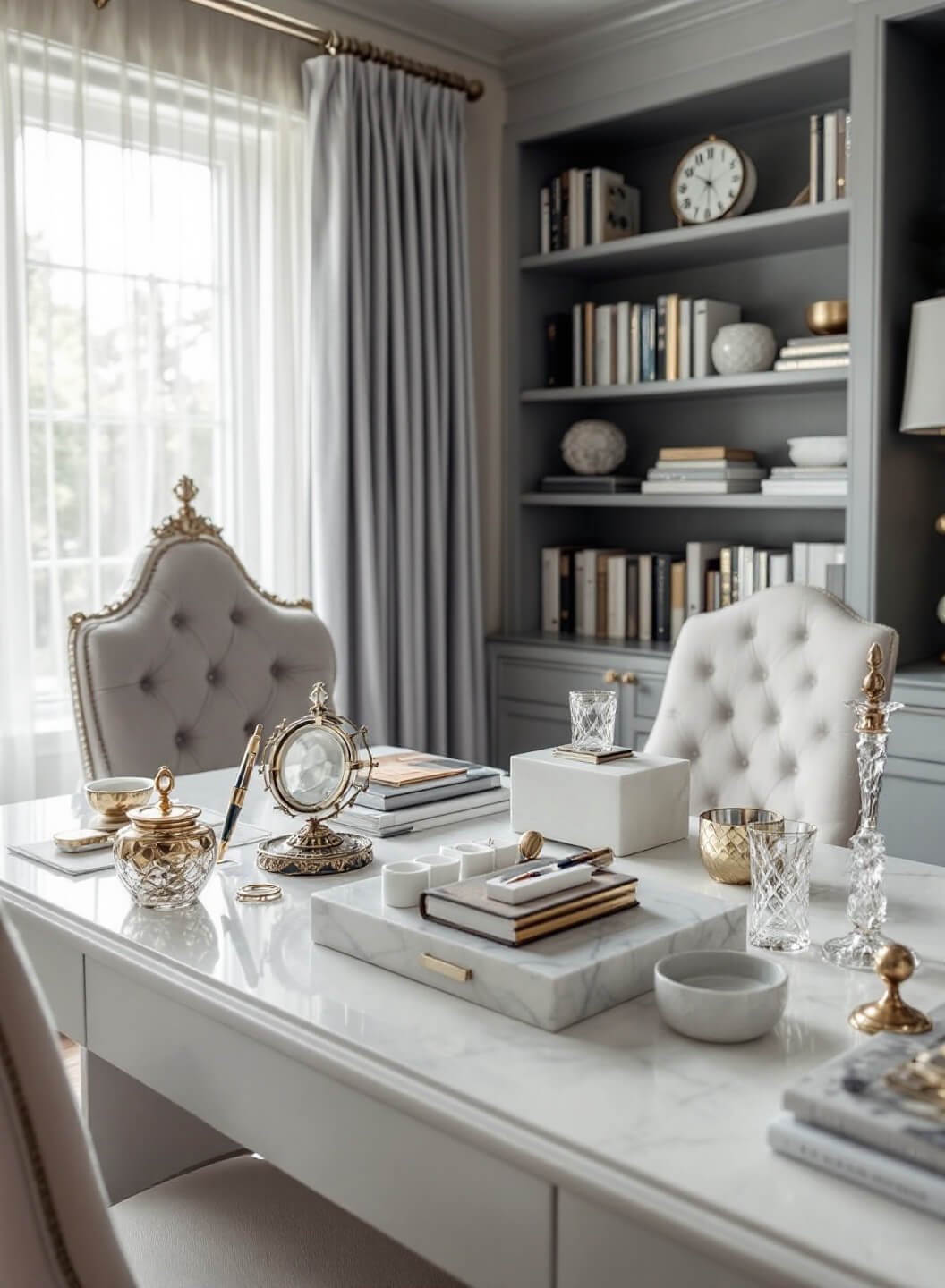 Sophisticated home office with crown molding, built-in bookshelves, white desk with Italian marble organizers, and afternoon light filtering through sheer curtains