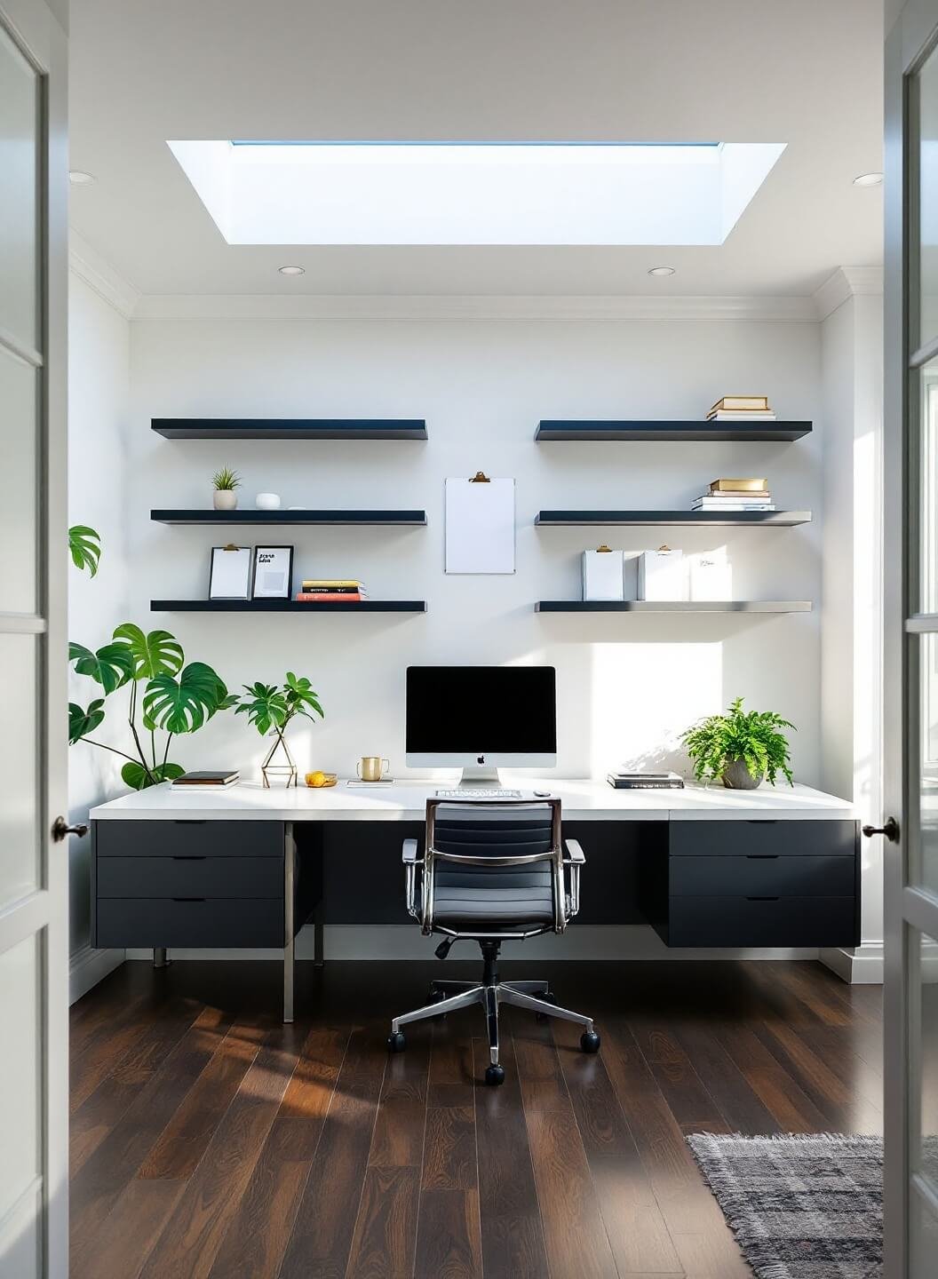 Low angle view of a contemporary home office with white walls, dark hardwood floors, and skylights providing natural light. Features include black matte-finished floating shelves decorated with acrylic clipboards and brass magazine files.