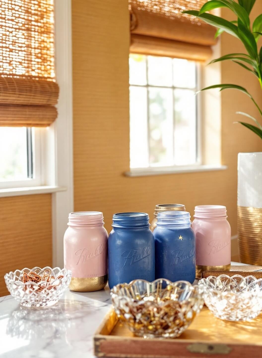 Morning sunlight streams through bamboo shades illuminating a bohemian 8x8ft home office nook with grasscloth wallpaper, antique desk decorated with hand-painted mason jars in blush pink, navy, and gold, and vintage crystal dishes filled with copper paper clips and gold thumbtacks.