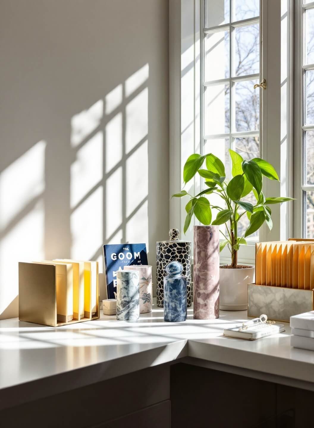 Bright corner office with dramatic shadows, featuring an L-shaped desk adorned with stone and marble organizers of varying heights, brass accordion file holder with cream folders, against floor-to-ceiling window backdrop, captured from a standing height perspective.