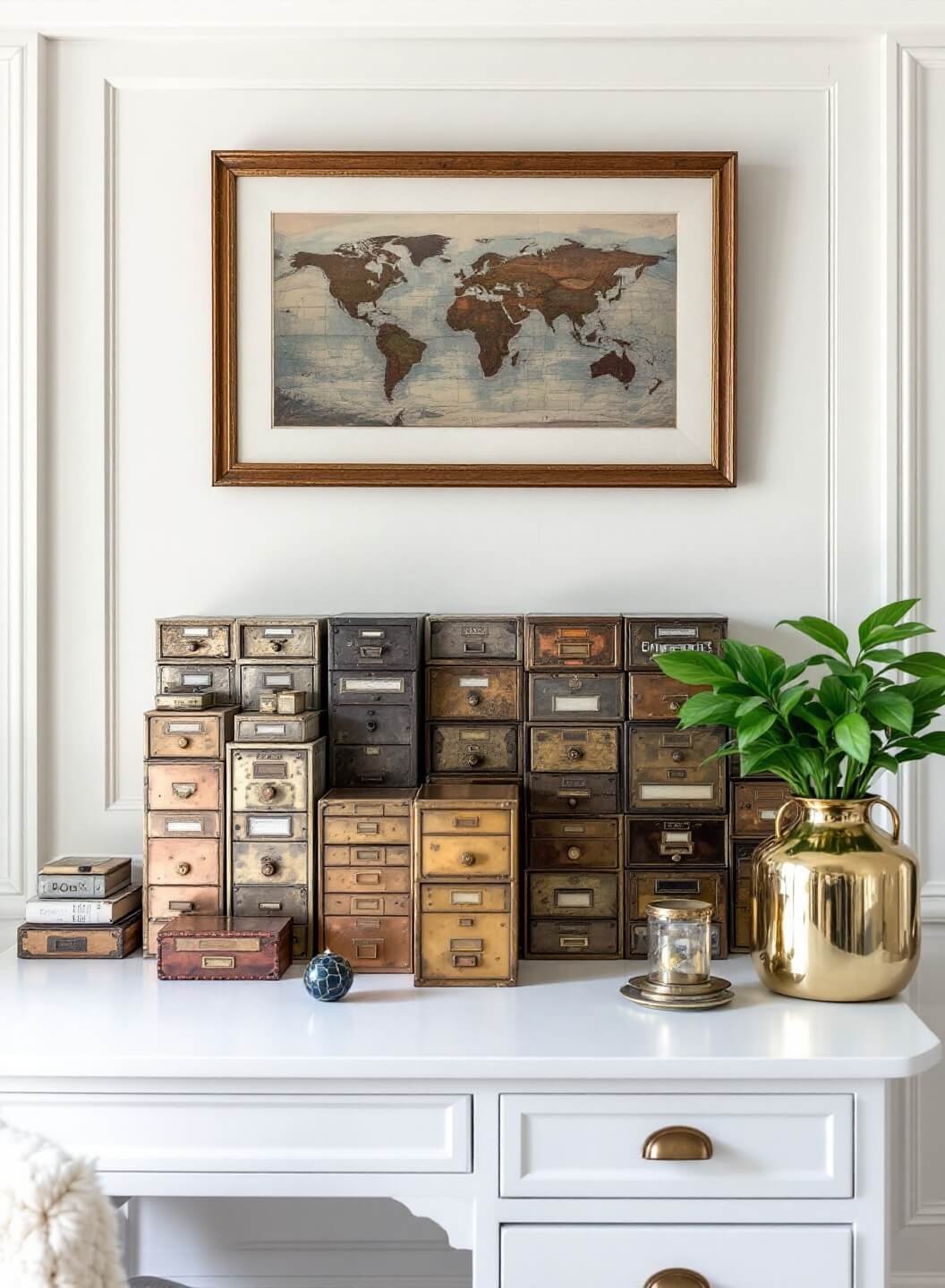 Minimalist home office with high coffered ceilings, white walls, a white desk decorated with weathered brass and copper vintage letterboxes, captured straight-on with a warm metallic color palette against a white background in the afternoon's indirect light.