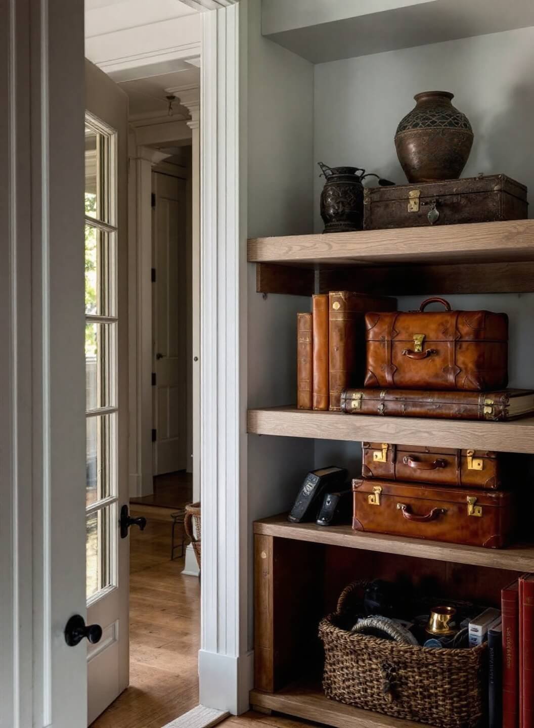 Cozy 6x8ft home office alcove featuring wooden shelving, lit by soft evening light through French doors. Lower shelves house vintage leather suitcases used for file storage, showcasing their brass hardware and leather patina.