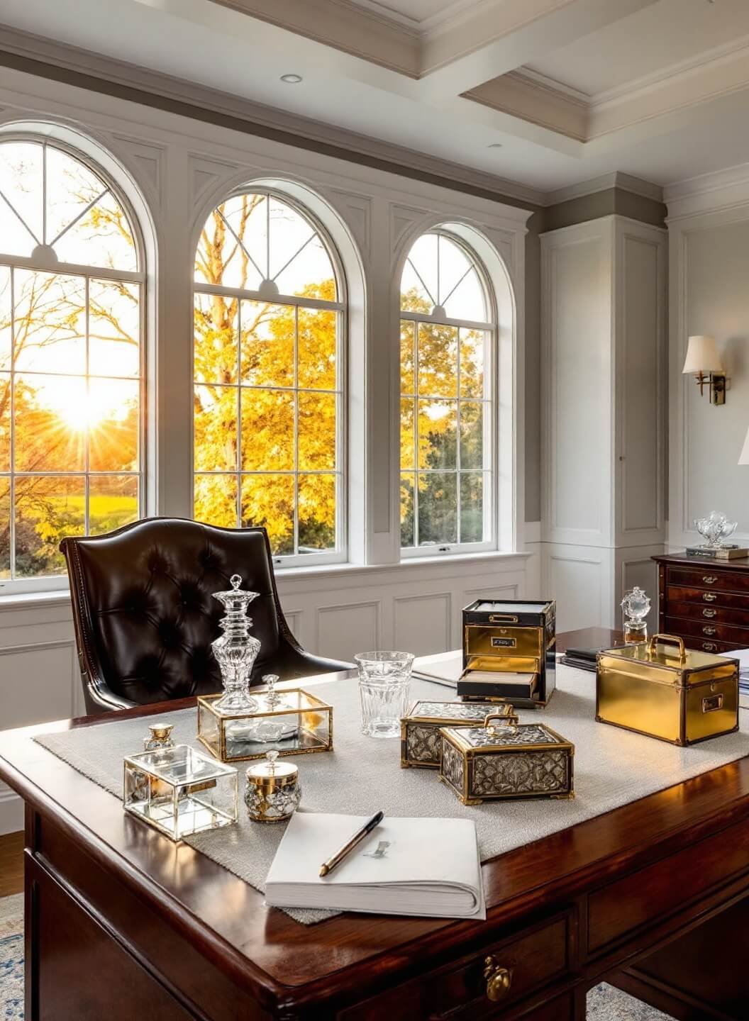 Elevated view of an elegant 15x20ft executive home office with tray ceiling, wainscoting, and arched windows allowing golden hour light. Features include a mahogany desk with crystal accessories, brass-bound boxes wrapped in natural linen, and vintage postal sorters under dramatic side lighting.