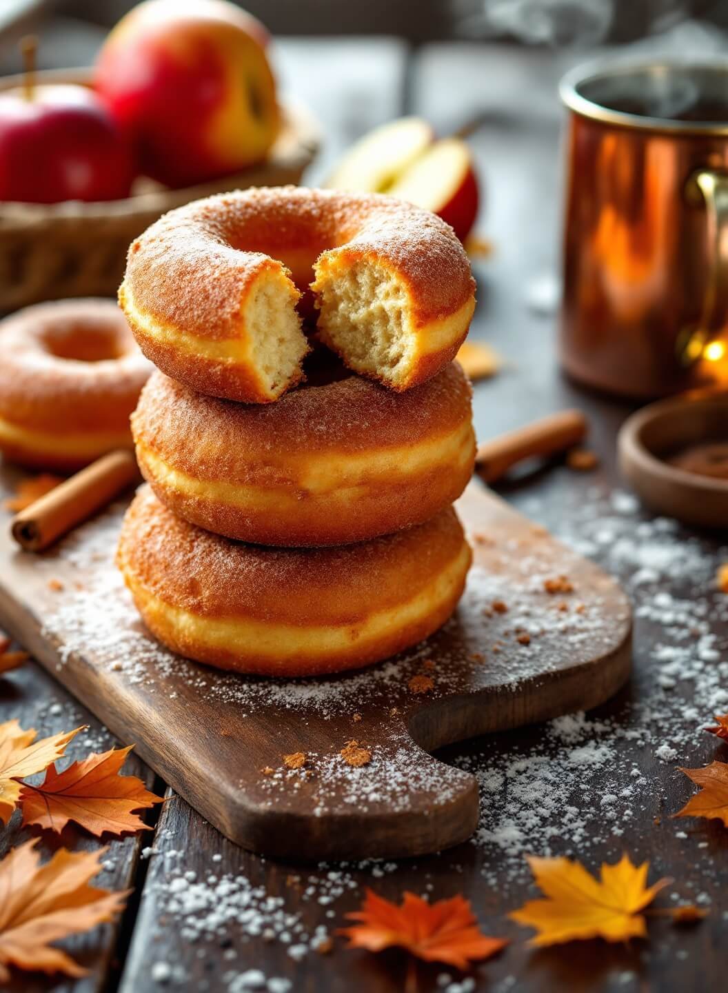 "Freshly made apple cider donuts with cinnamon-sugar coating on a rustic wooden surface, decorated with cinnamon sticks, apple slices, and maple leaves, with a mug of hot apple cider in the background"