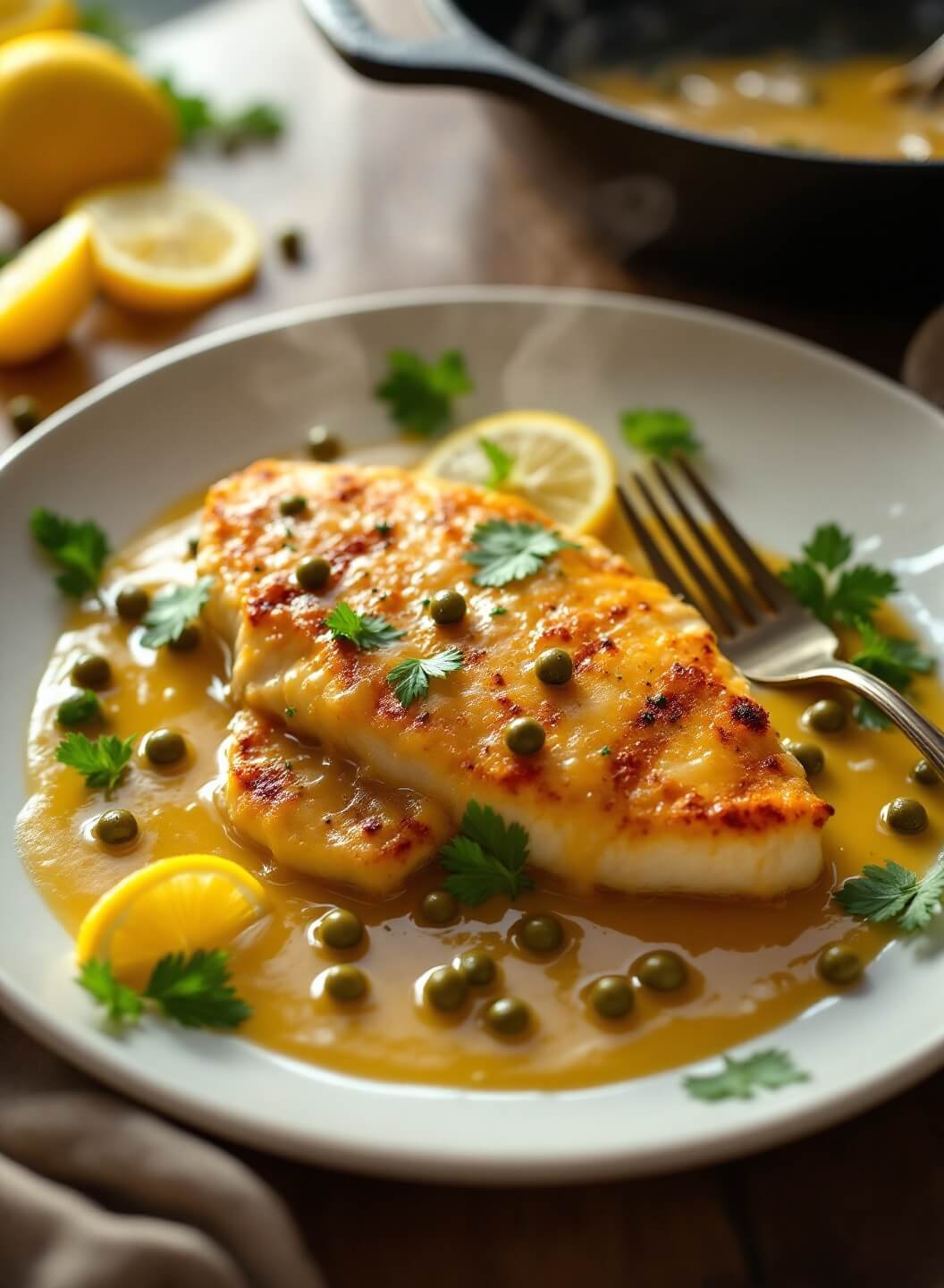 "Overhead shot of a golden-brown chicken piccata cutlet in lemon-butter caper sauce, garnished with parsley leaves, and served on a white ceramic plate."