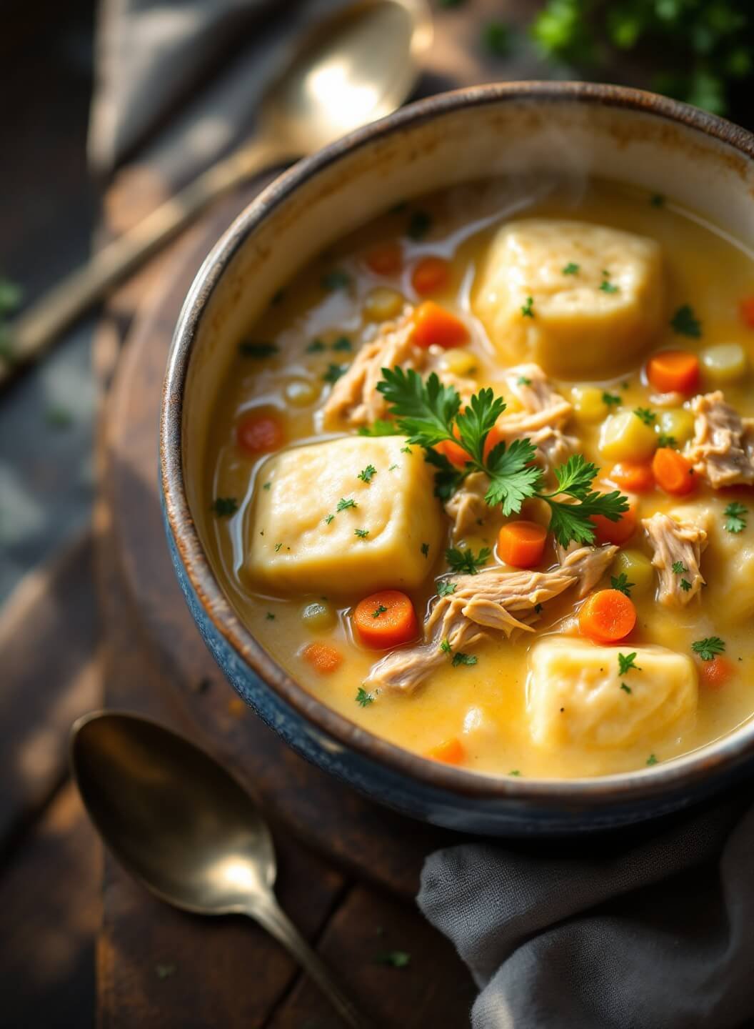 "Overhead view of a bowl of creamy chicken and dumplings with carrots and celery, garnished with parsley, on a wooden table with a vintage spoon nearby"