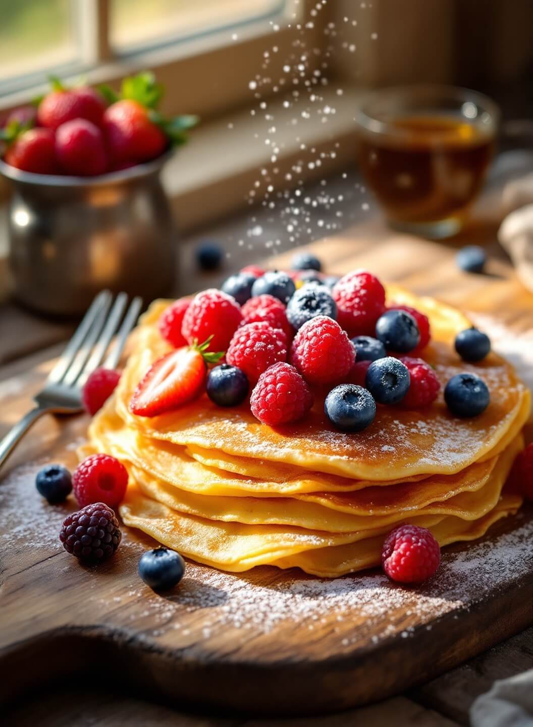 "Classic French crepes stacked on a rustic board, adorned with fresh berries and powdered sugar in morning sunlight."