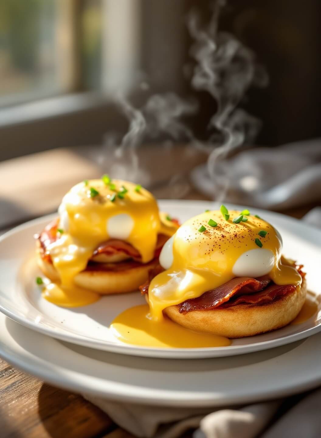 "Classic Eggs Benedict with runny yolks and Hollandaise sauce on white plate, garnished with chives and paprika, on rustic wooden table in morning sunlight"