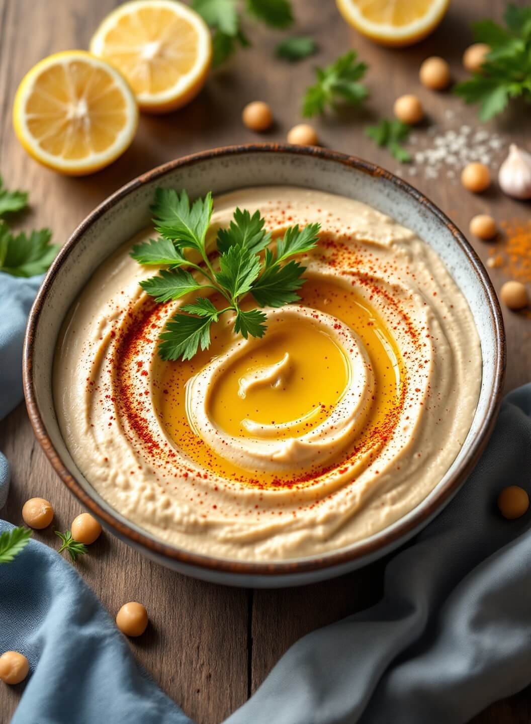 "Creamy hummus in a ceramic bowl garnished with paprika, parsley, and chickpeas, on a rustic wooden table with scattered Mediterranean ingredients in the background"