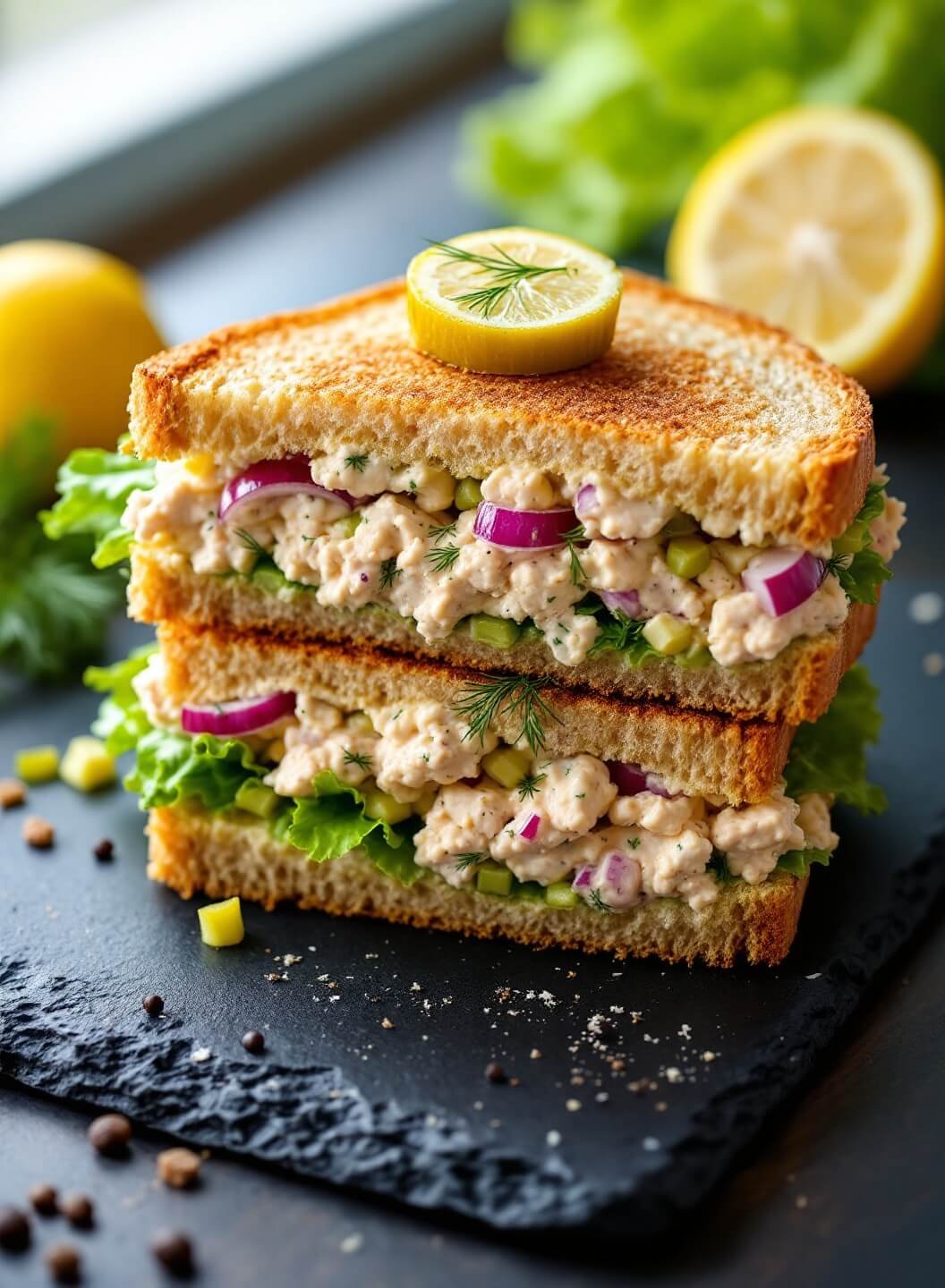 "Freshly made tuna salad sandwich with celery and red onion on sourdough bread, served on a black slate with lettuce, lemon, and pickle garnish"