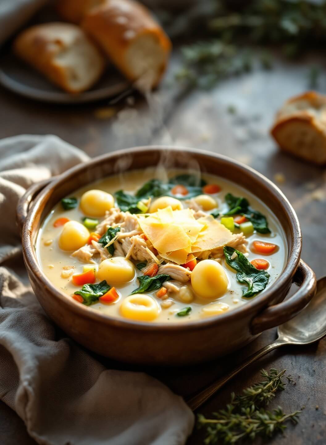 "Creamy chicken gnocchi soup with rustic ingredients on a wooden table"