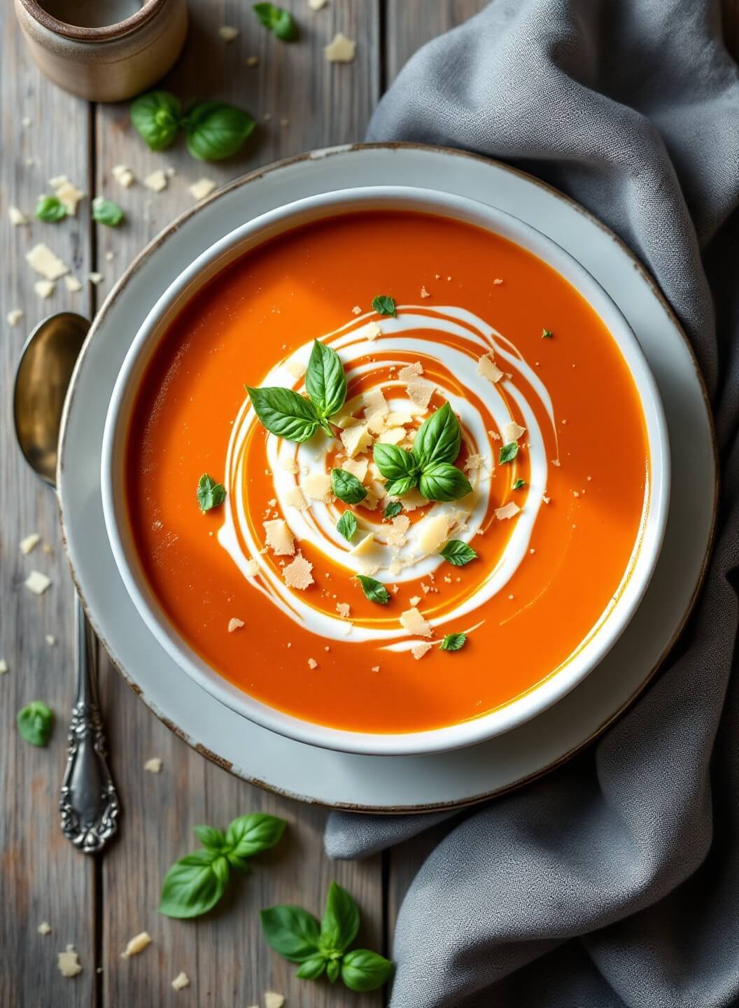 "Overhead shot of creamy tomato basil soup with cream swirl, Parmesan shavings, and fresh basil garnish on a wooden table"