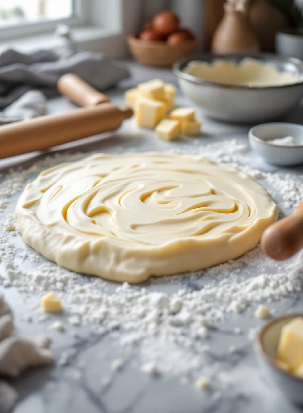 "Partially rolled pie dough with visible marbled butter layers on a marble countertop, illuminated by morning light, with rolling pin and vintage pie dish in the background."