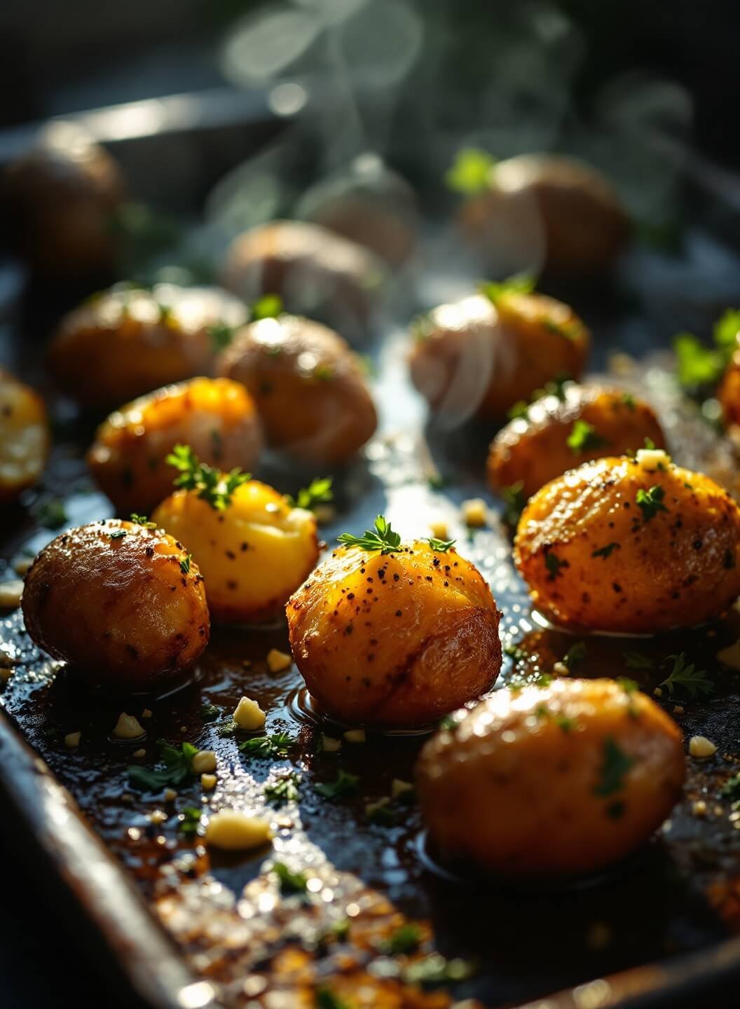 "Golden-brown garlic butter roasted baby potatoes on a rustic sheet with chopped parsley."