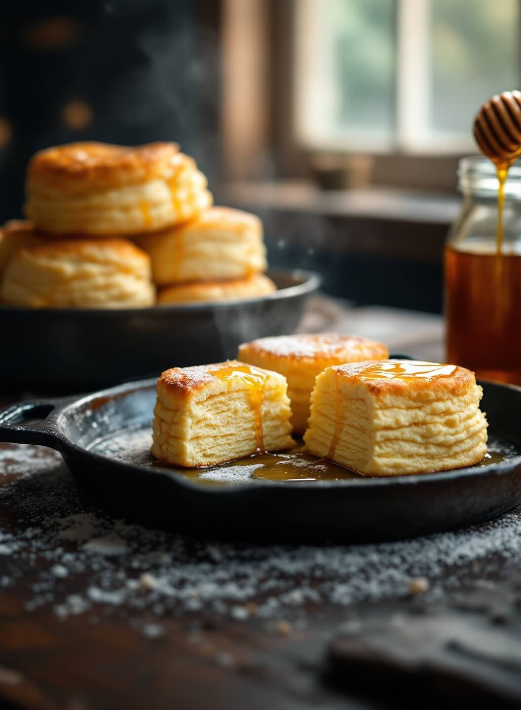 "Freshly baked buttermilk biscuits with honey butter in a rustic kitchen setting"