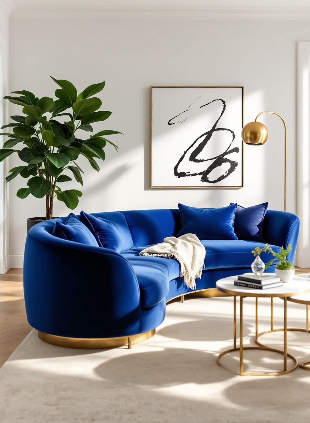 "Sophisticated living room with electric blue velvet sofa, brass-framed marble coffee tables, fiddle leaf fig in matte black planter, and textured accents in afternoon sunlight"