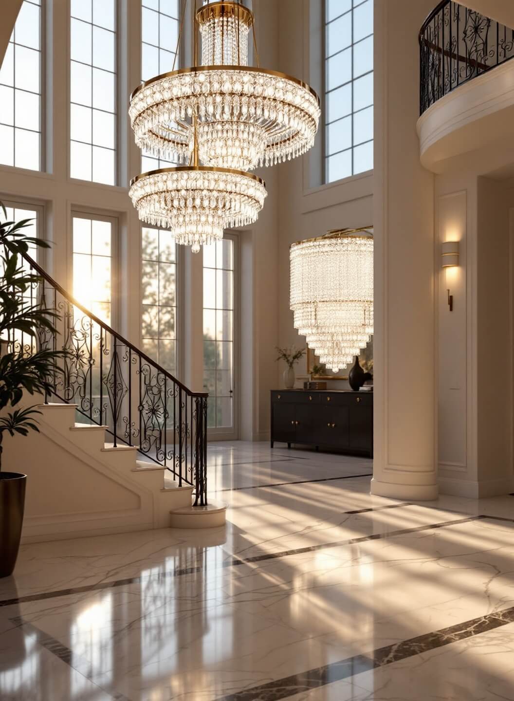 "Luxurious grand foyer with three-tiered crystal chandelier, Calacatta marble floors, and wrought iron staircase during golden hour"