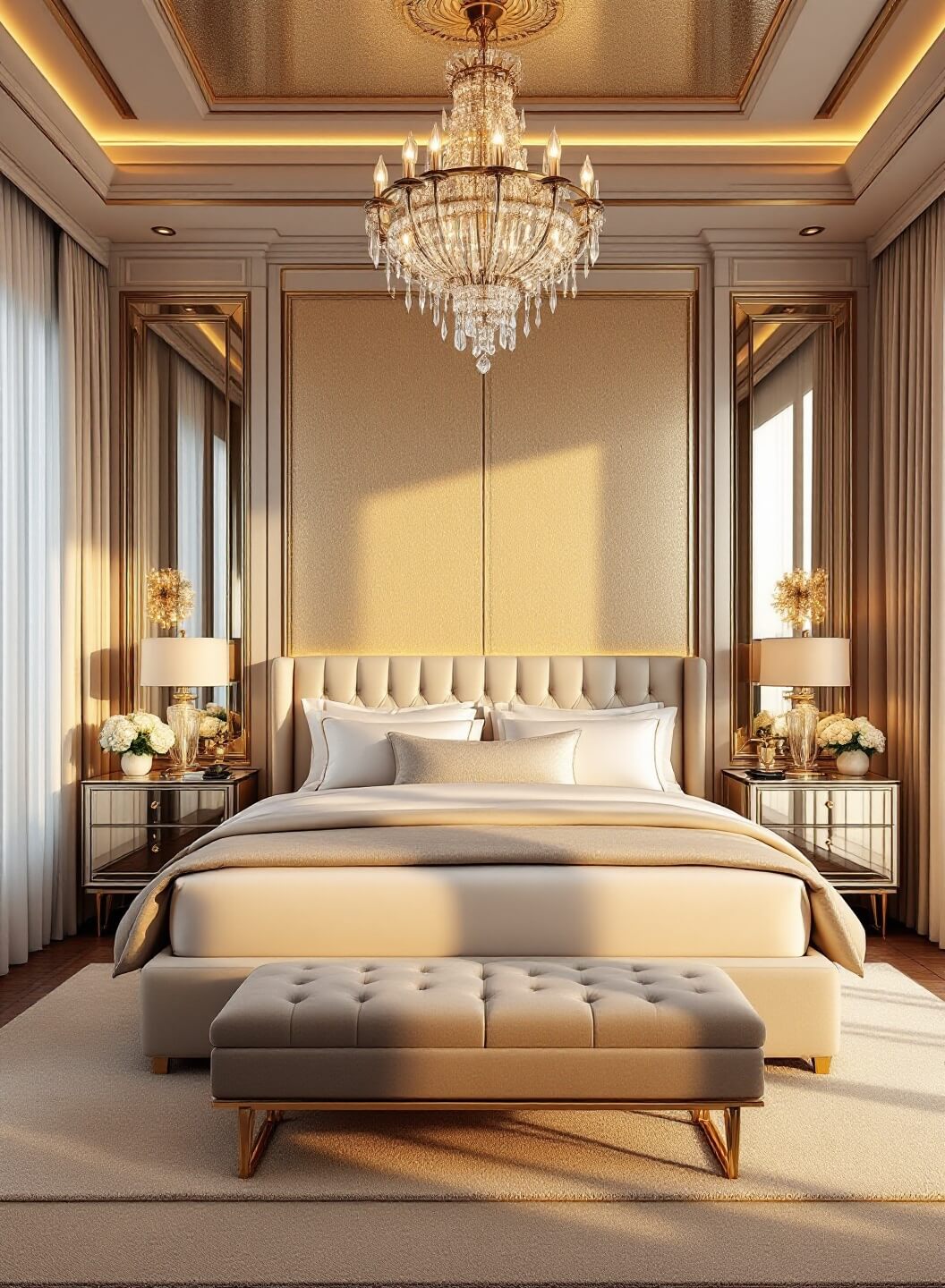 "Luxurious master suite at golden hour with king-size bed, ivory velvet headboard, mirrored nightstands, and crystal chandelier."