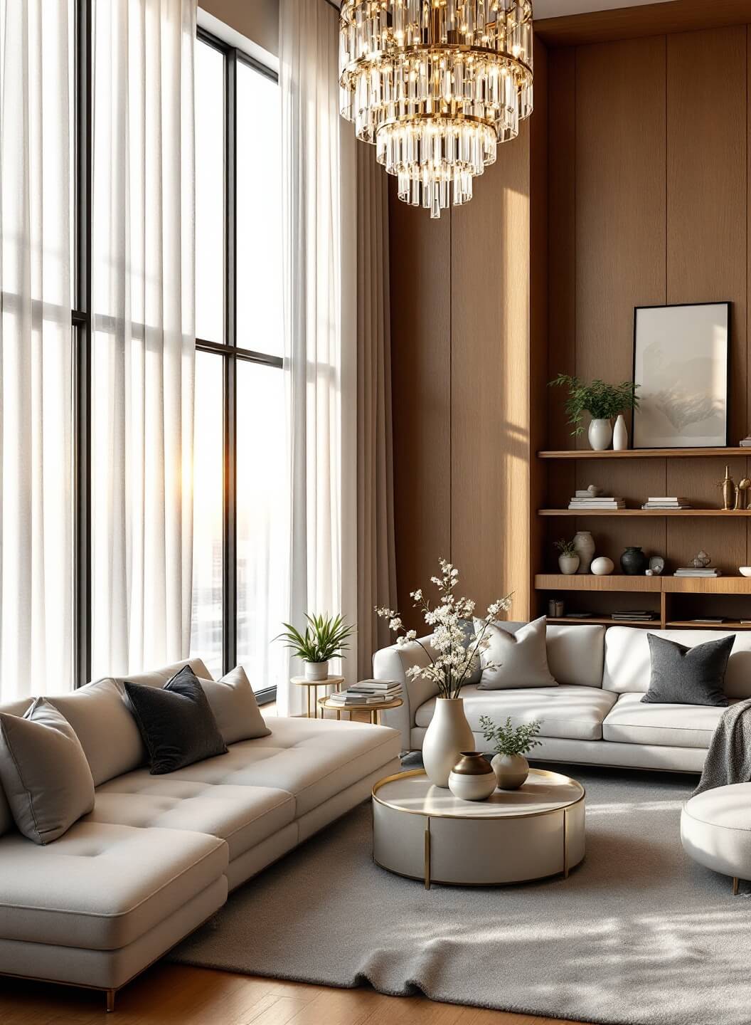 "Luxury living space with golden sunlight, pearl white curtains, grey satin pillows, Ipe wood accent wall, bamboo flooring and crystal chandelier"