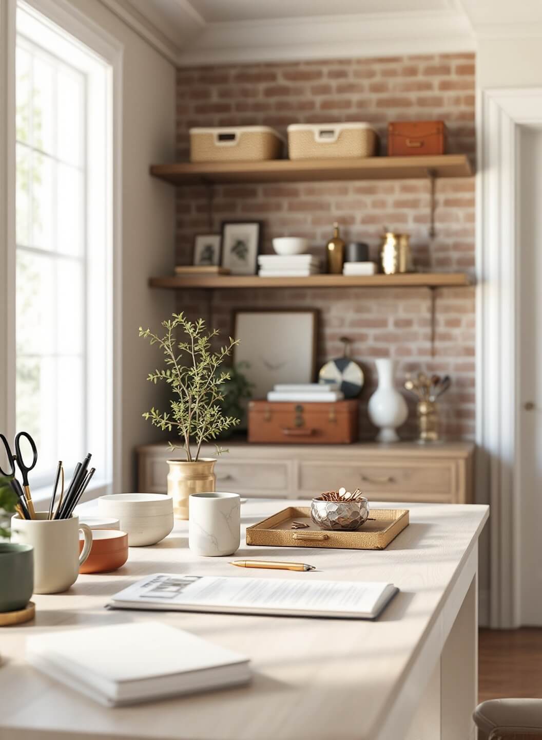 "Luxury home office with natural light, elegant storage solutions, Italian marble desk organizers, and vintage brass letterboxes."