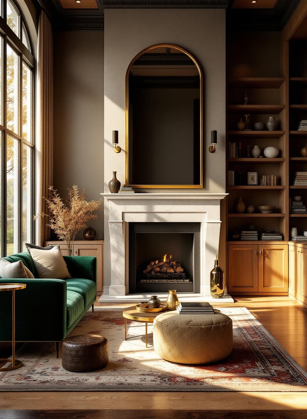 "Luxurious living room with limestone fireplace, emerald velvet sofa, and white oak shelving, bathed in golden sunlight"