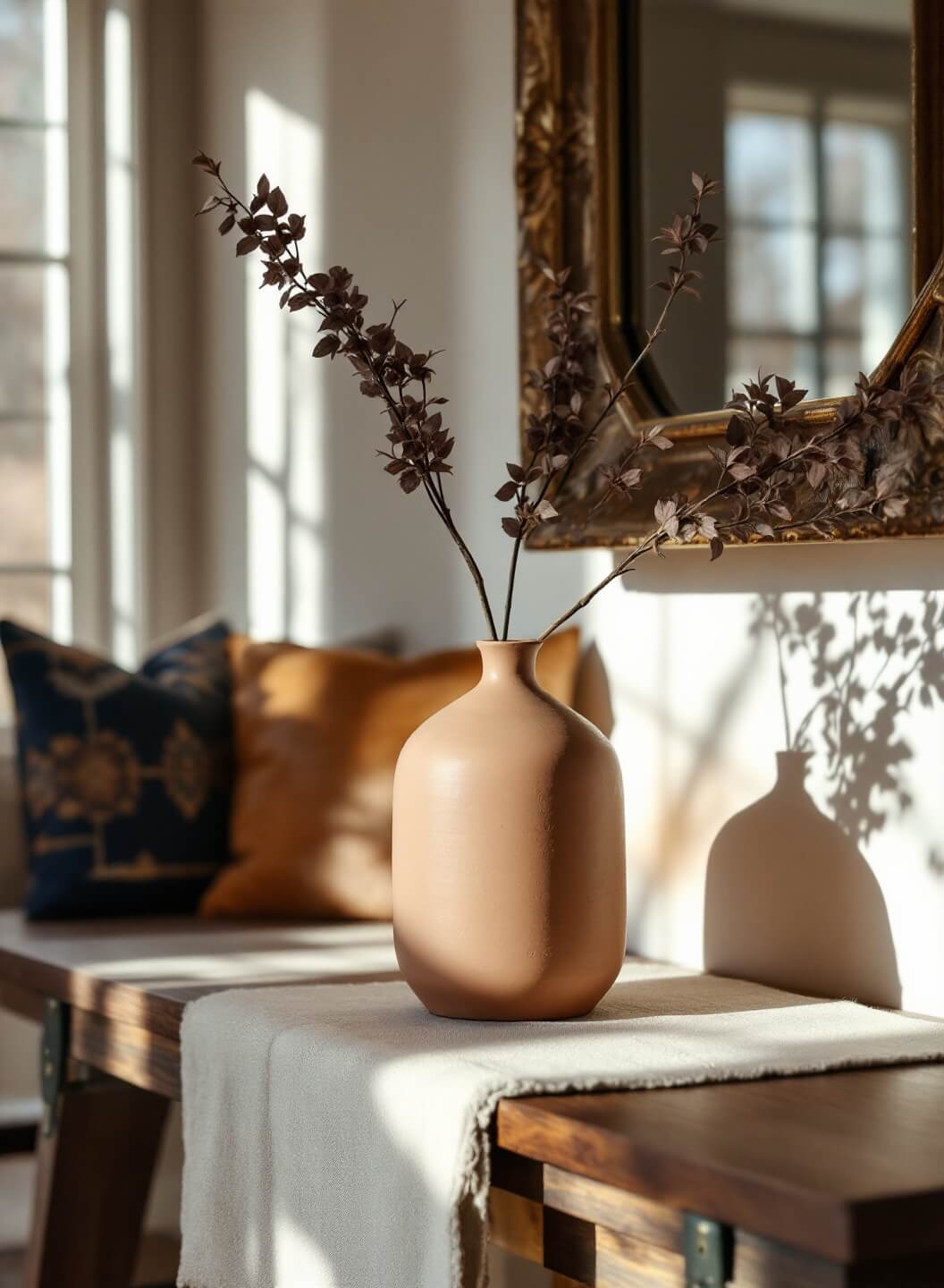 "Handcrafted terracotta statement vase on a walnut console table in a sun-drenched modern farmhouse living room with DIY decor"