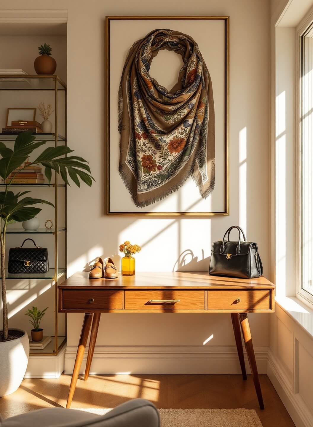 "Elegant sunlit home office with vintage Hermès scarf, Chanel bag, and Gucci loafers on display"