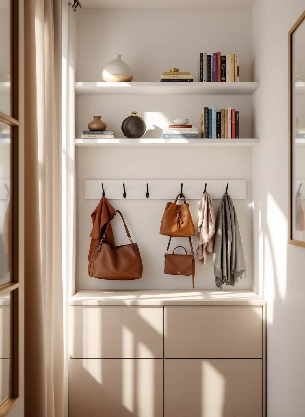 "Bright and minimalistic Manhattan micro-bedroom with Scandinavian aesthetic, featuring white oak dresser, floating shelves with color-coded books, and modern hooks displaying accessories"