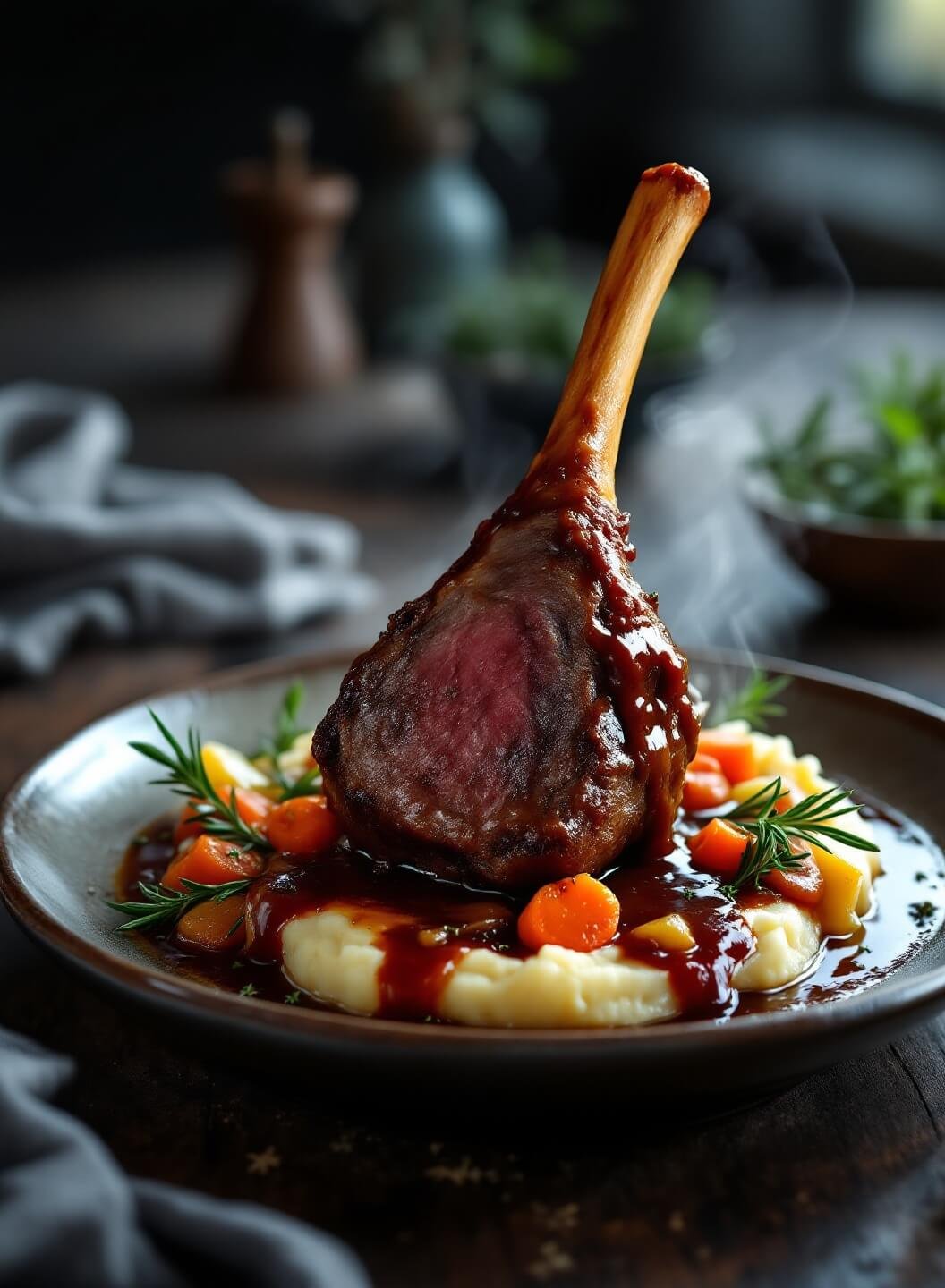 "Glistening lamb shank on mashed potatoes with caramelized vegetables, garnished with rosemary and bay leaves on a rustic table."