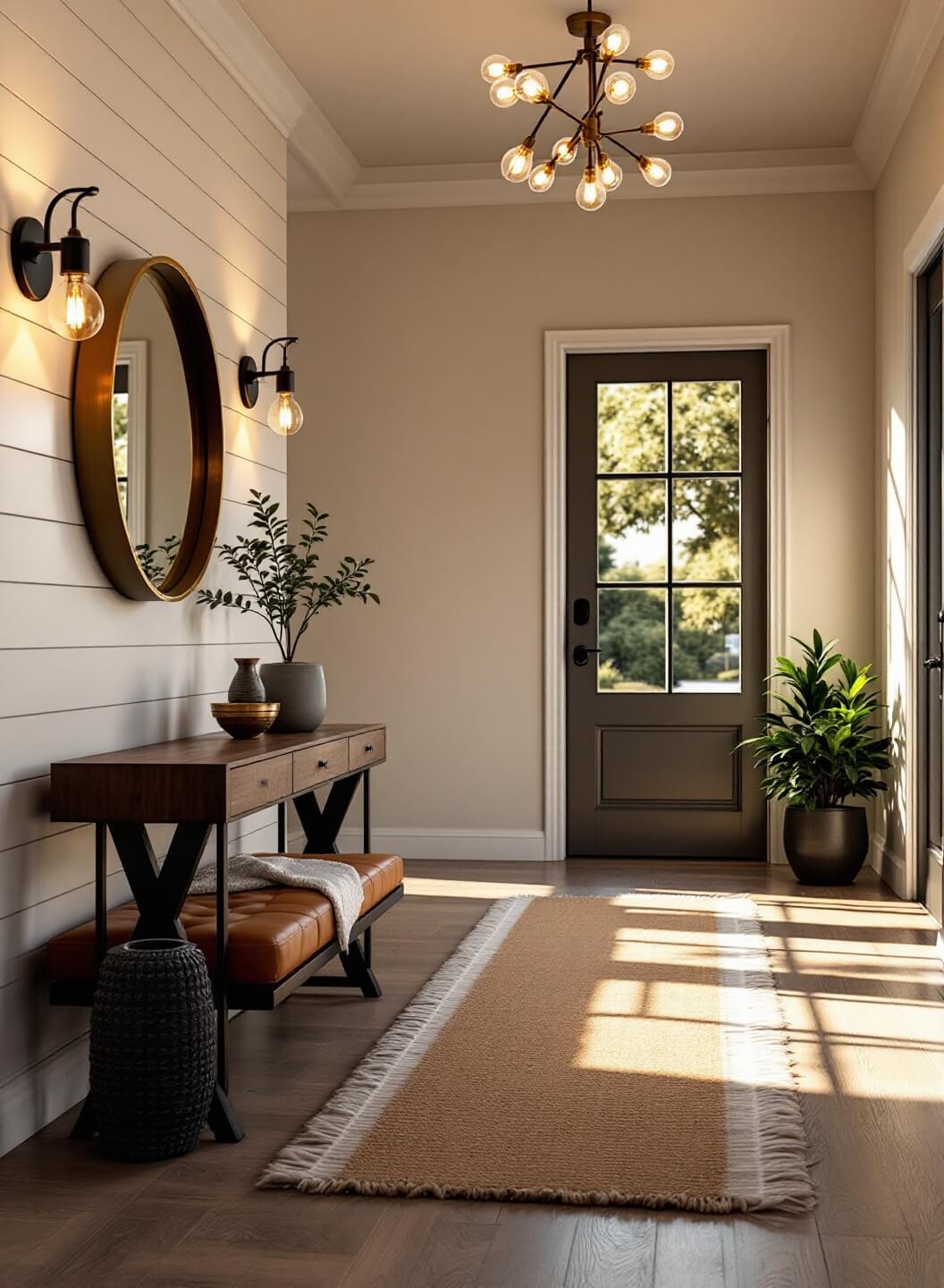 "Bright modern entryway with natural light, walnut console table, brass round mirror, white shiplap walls and oak flooring, afternoon golden hour lighting"